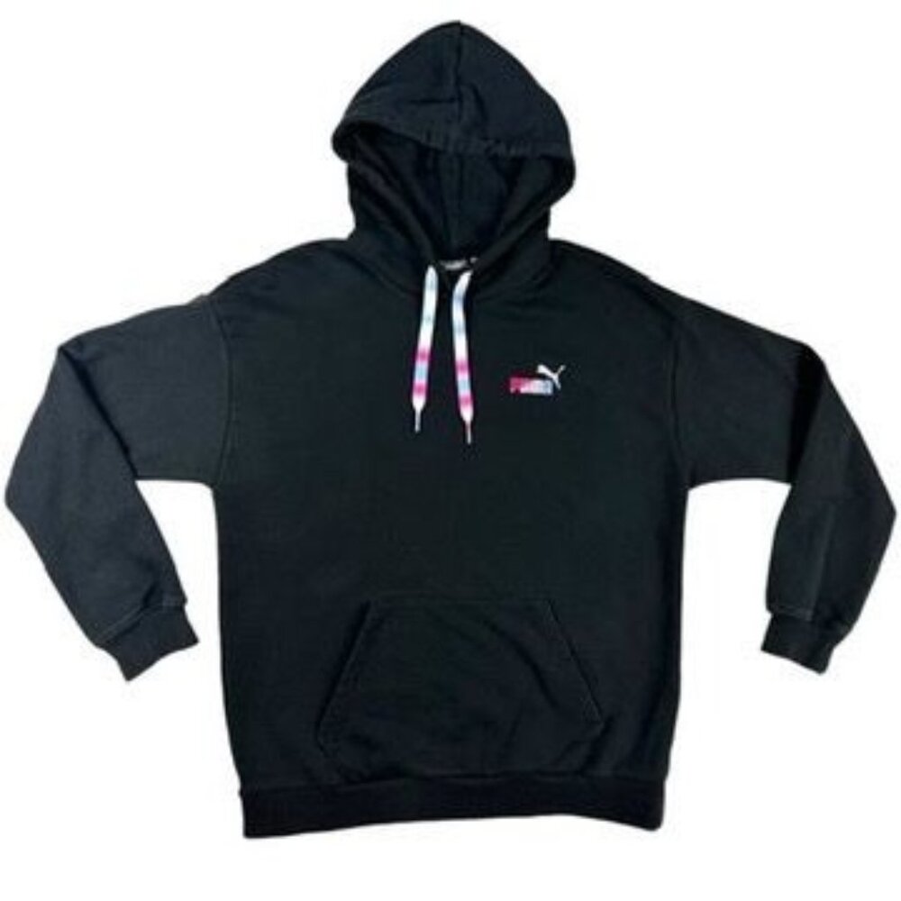 Puma Juniors Ombre Drawstring Black Hoodie With Multicolor Drawstrings Size S